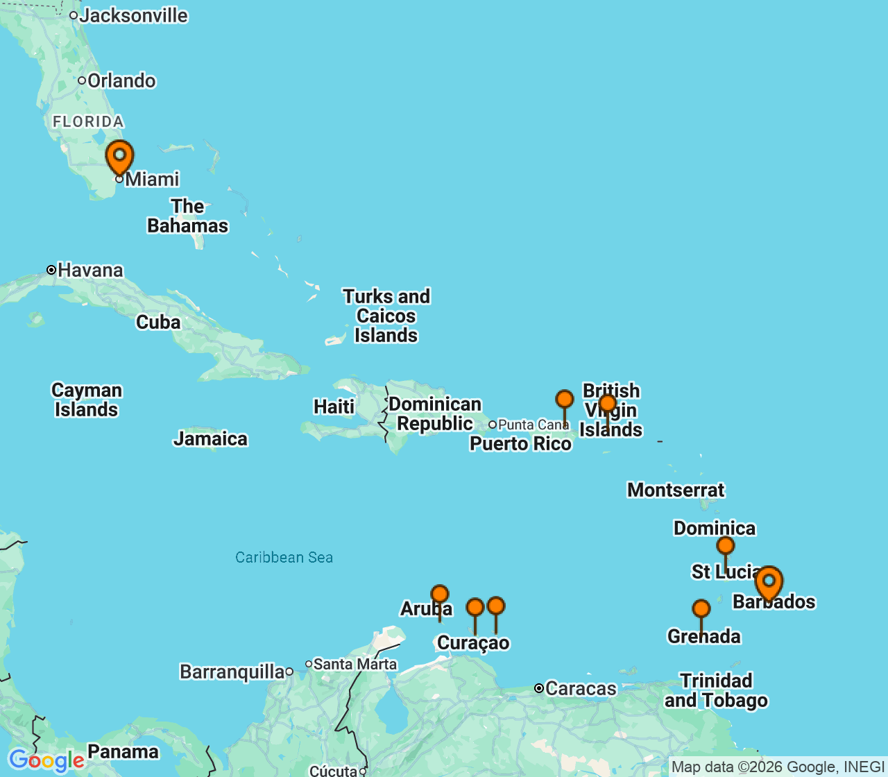 Harta itinerariu Croaziera 2027 - Caraibe si America Centrala (Miami, FL) - Silversea Cruises - Silver Spirit - 12 nopti
