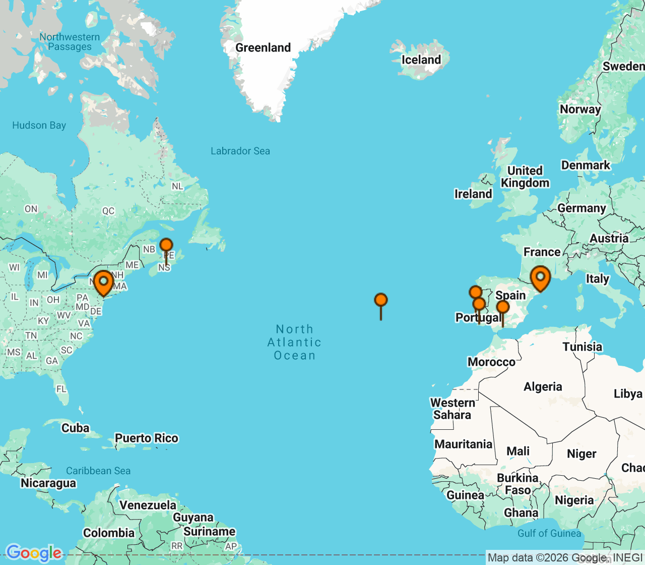 Harta itinerariu Croaziera 2028 - Repozitionari si Transoceanic (Barcelona, Spania) - Oceania Cruises - Oceania Aurelia - 14 nopti