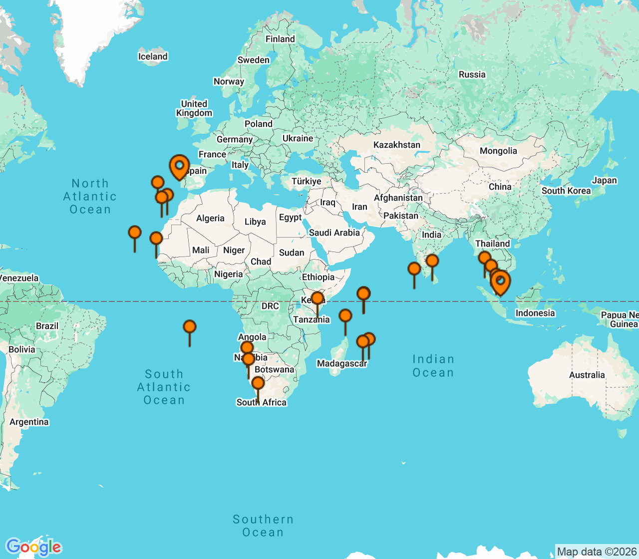 Harta itinerariu Croaziera 2029 - Grand Voyage si Tematice (Singapore) - Seabourn - Seabourn Quest - 56 nopti