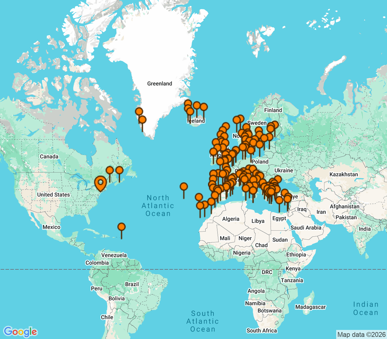 Harta itinerariu Croaziera 2027 - Grand Voyage si Tematice (New York (Brooklyn), NY) - Regent Seven Seas Cruises - Seven Seas Mariner - 174 nopti