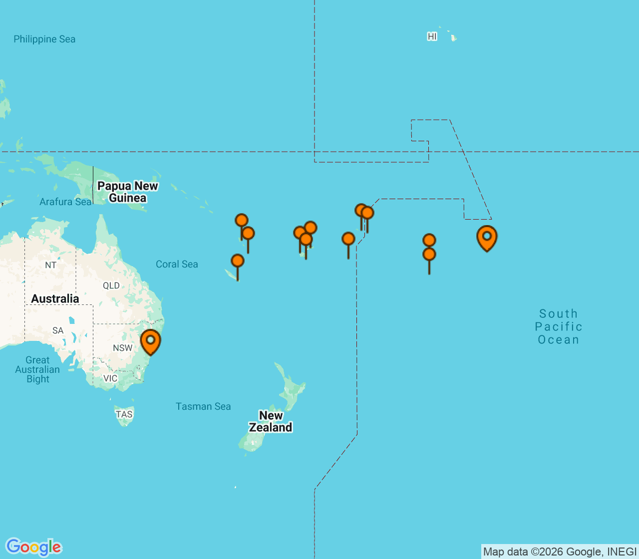 Harta itinerariu Croaziera 2029 - Grand Voyage si Tematice (Papeete, Tahiti, Polinezia Franceza) - Regent Seven Seas Cruises - Seven Seas Mariner - 21 nopti