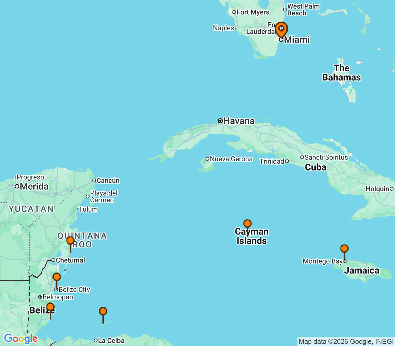 Harta itinerariu Croaziera 2026 - Caraibe si America Centrala (Miami, FL) - Regent Seven Seas Cruises - Seven Seas Grandeur - 10 nopti