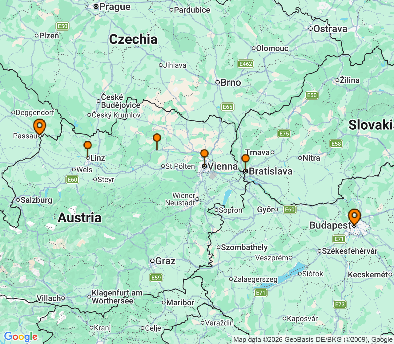 Harta itinerariu Croaziera 2027 - Europa de Nord (Budapesta, Ungaria) - Uniworld River Cruises - S.S. Marlene - 7 nopti