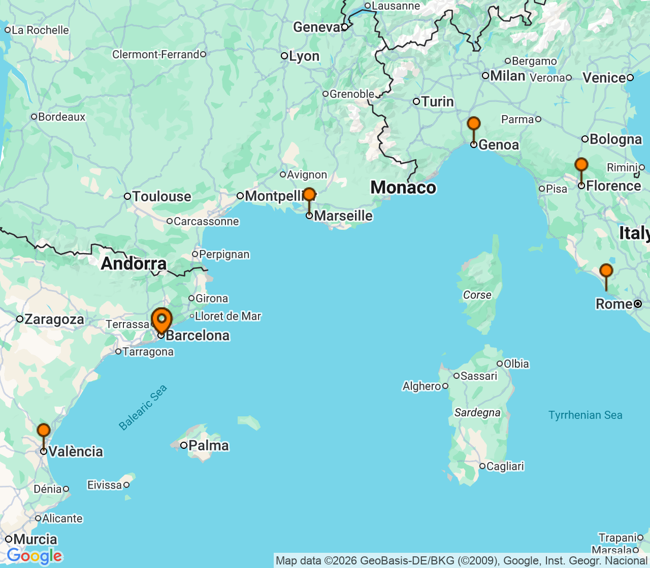 Harta itinerariu Croaziera 2026 - Mediterana (Barcelona, Spania) - MSC Cruises - MSC Sinfonia - 7 nopti