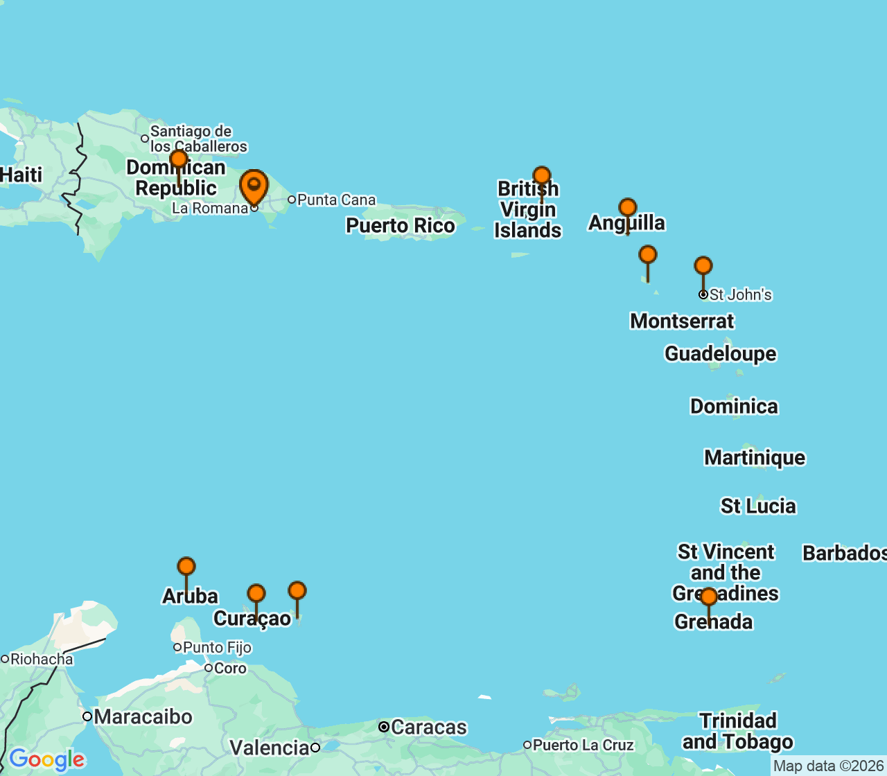 Harta itinerariu Croaziera 2027 - Caraibe si America Centrala (La Romana, Rep. Dominicana) - MSC Cruises - MSC Opera - 14 nopti