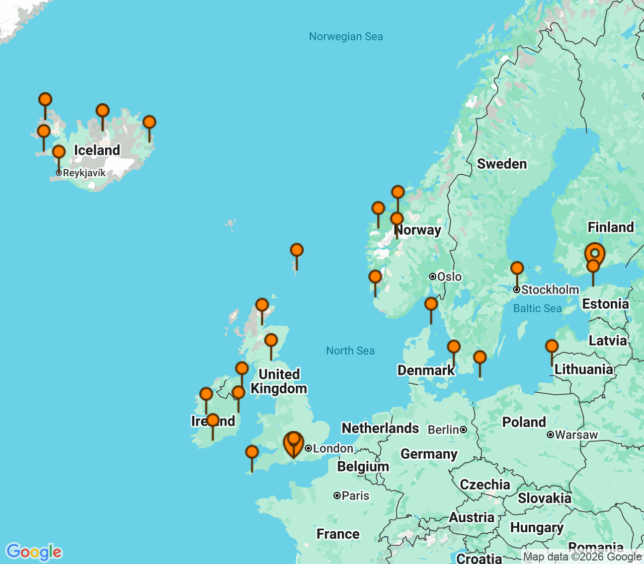Harta itinerariu Croaziera 2028 - Europa de Nord (Helsinki, Finlanda) - Princess Cruises - Caribbean Princess - 35 nopti