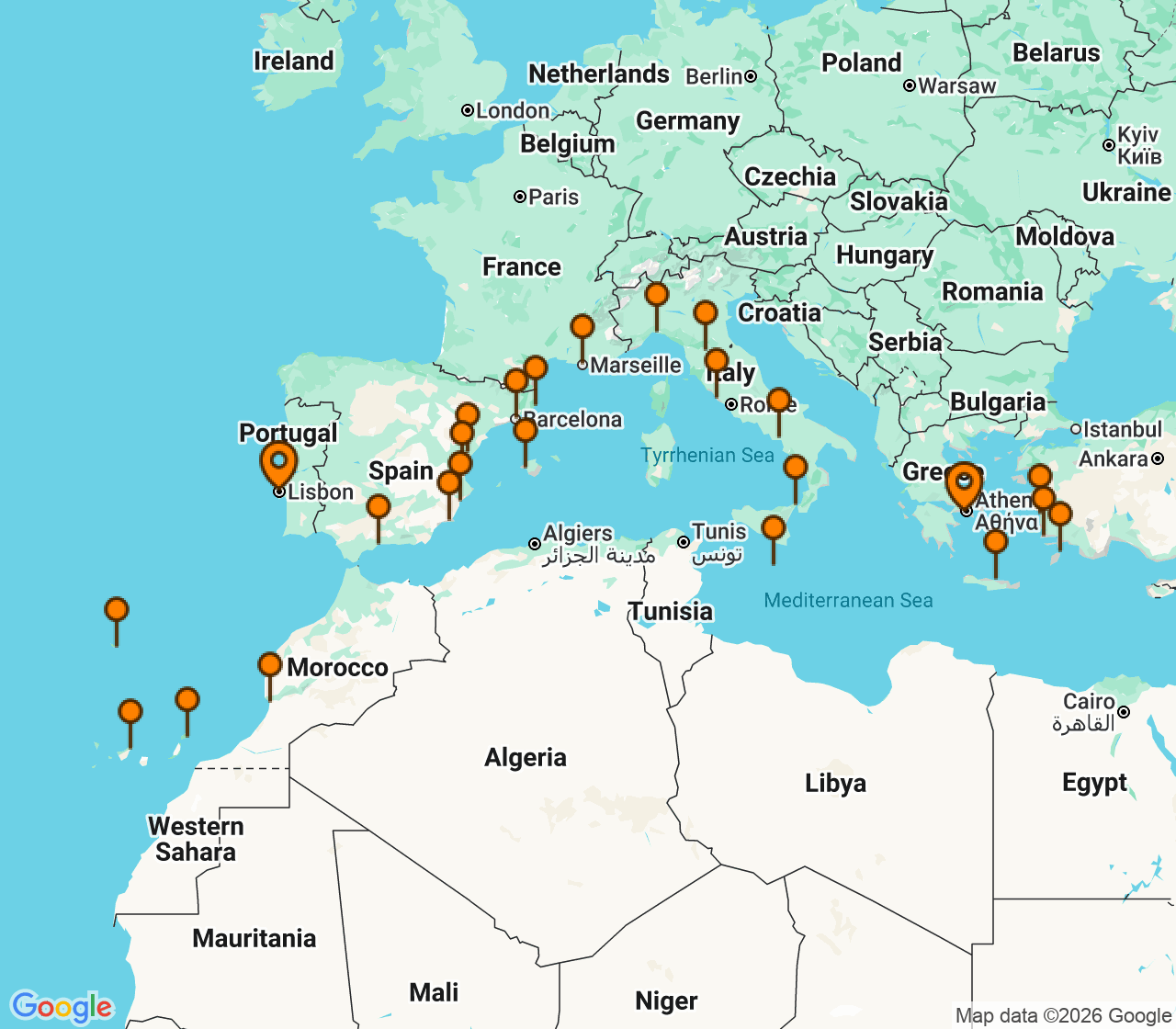Harta itinerariu Croaziera 2029 - Mediterana (Atena (Piraeus), Grecia) - Oceania Cruises - Allura - 28 nopti