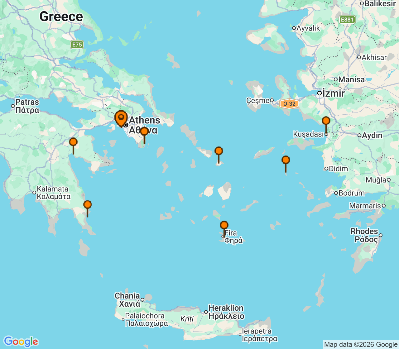 Harta itinerariu Croaziera 2028 - Mediterana (Atena (Piraeus), Grecia) - Windstar Cruises - Wind Surf - 10 nopti