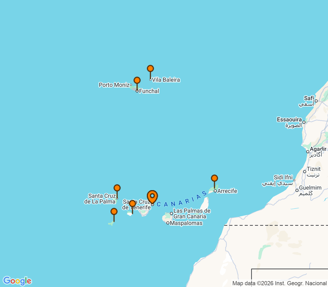 Harta itinerariu Croaziera 2026 - Mediterana (Santa Cruz de Tenerife, Insulele Canare) - Windstar Cruises - Wind Spirit - 10 nopti