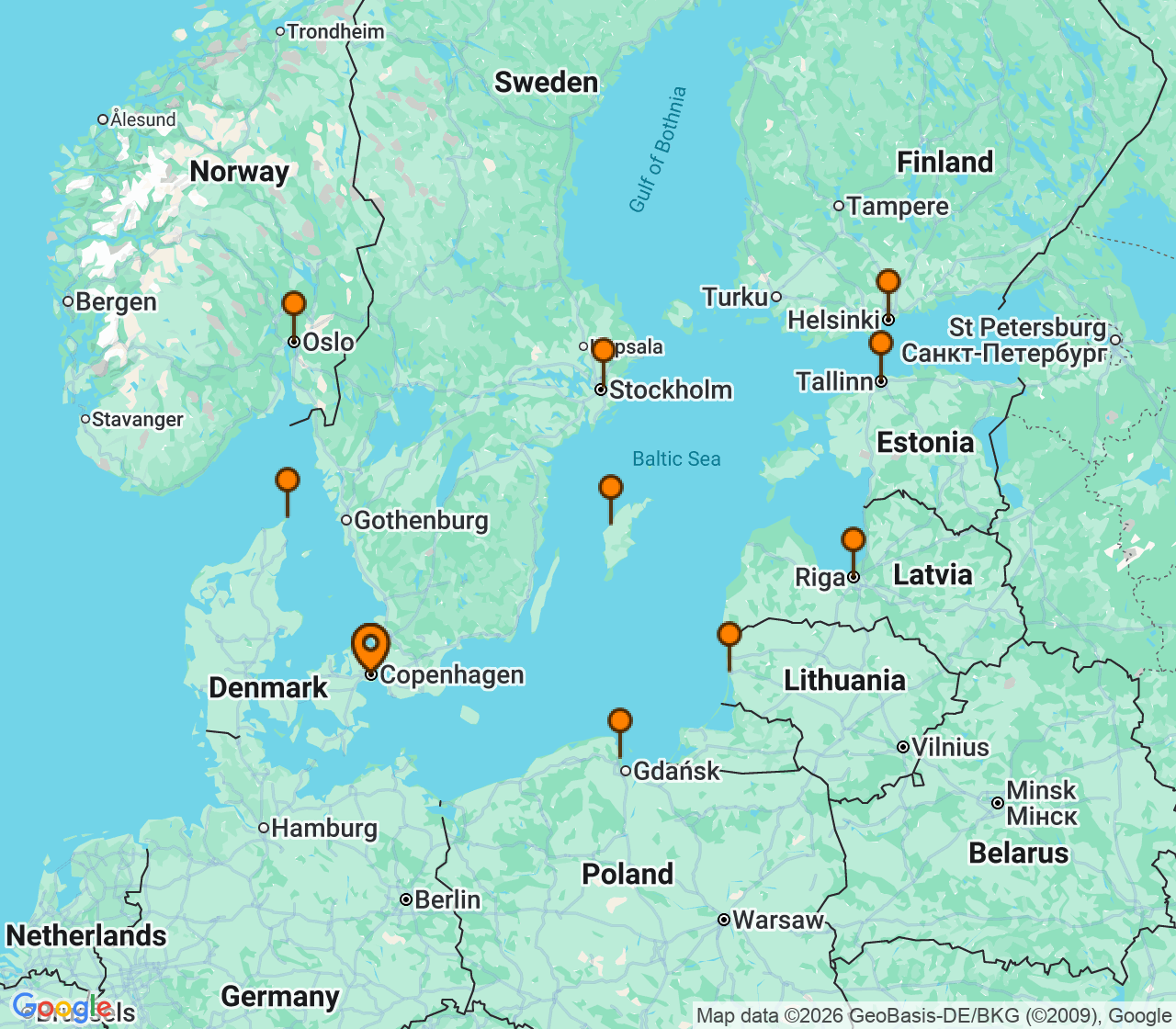Harta itinerariu Croaziera 2027 - Europa de Nord (Copenhaga, Danemarca) - Princess Cruises - Caribbean Princess - 12 nopti