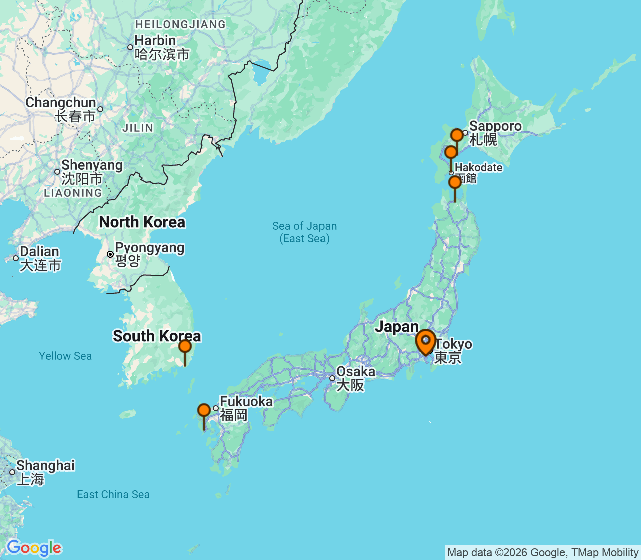 Harta itinerariu Croaziera 2028 - Asia (Orientul Indepartat) (Tokyo (Yokohama), Japonia) - Princess Cruises - Sapphire Princess - 9 nopti