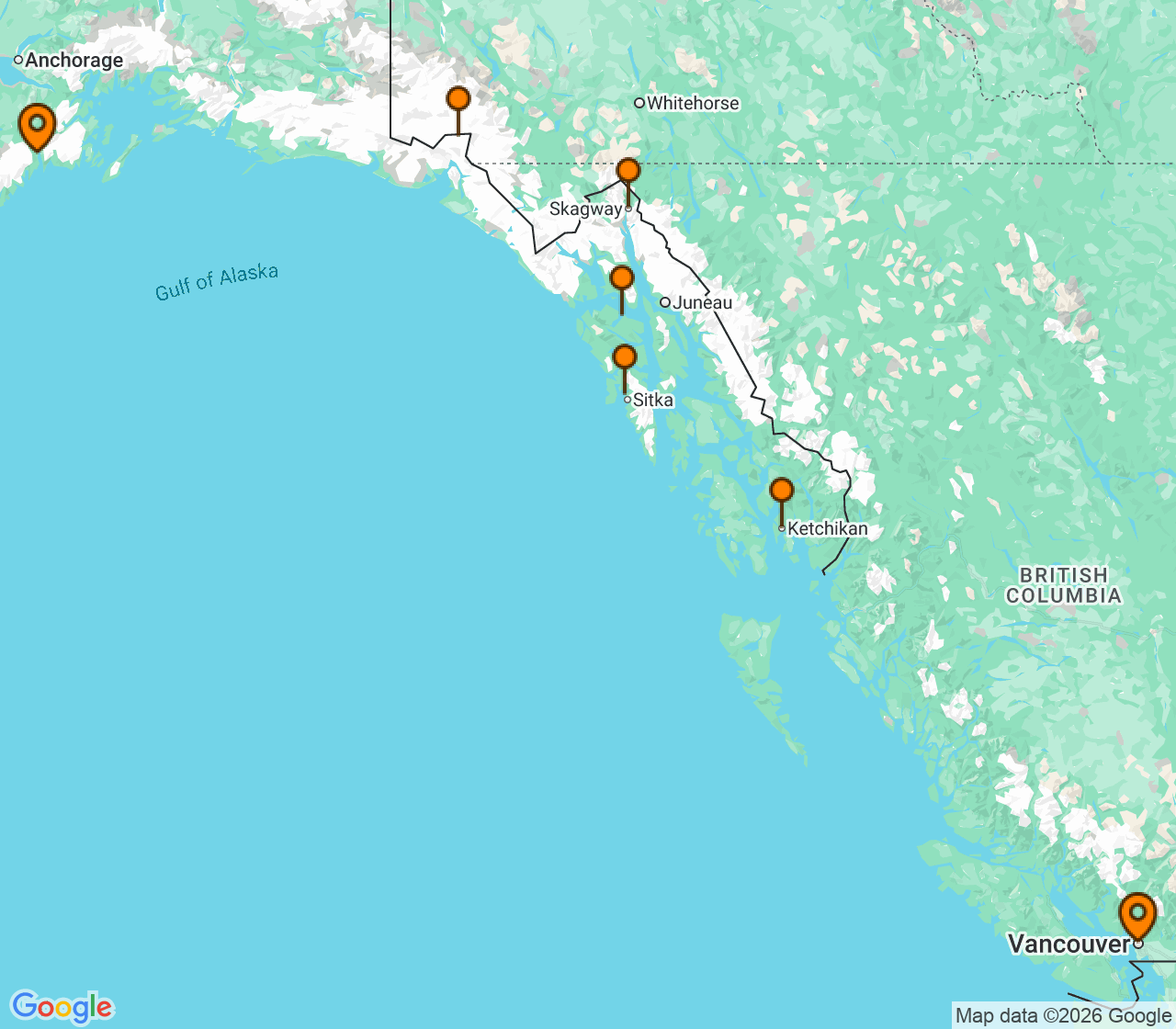 Harta itinerariu Croaziera 2028 - Alaska (Vancouver, Canada) - Royal Caribbean Cruise Line - Anthem Of The Seas - 1 noapte