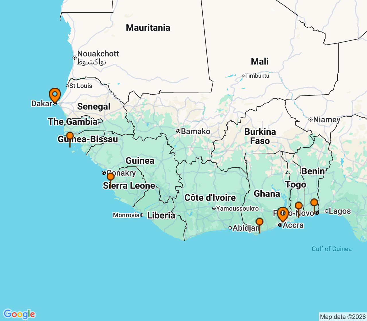 Harta itinerariu Croaziera 2028 - Africa (Accra (Tema), Ghana) - Silversea Cruises - Silver Endeavour - 12 nopti