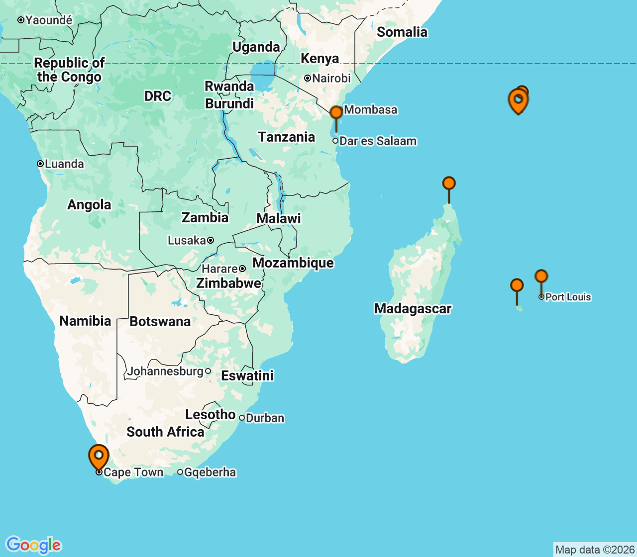 Harta itinerariu Croaziera 2029 - Grand Voyage si Tematice (Mahe, Seychelles) - Seabourn - Seabourn Quest - 19 nopti