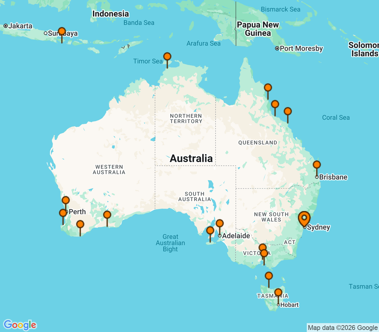 Harta itinerariu Croaziera 2029 - Tahiti si Pacificul de Sud (Sydney, Australia) - Oceania Cruises - Marina - 34 nopti
