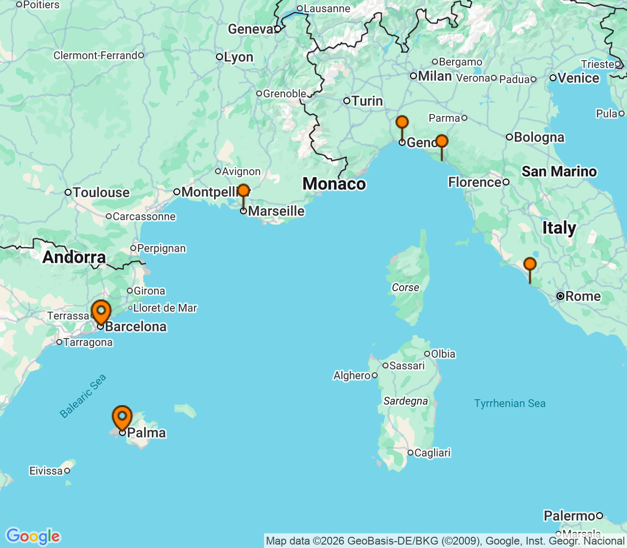 Harta itinerariu Croaziera 2027 - Mediterana (Barcelona, Spania) - MSC Cruises - MSC World Europa - 6 nopti