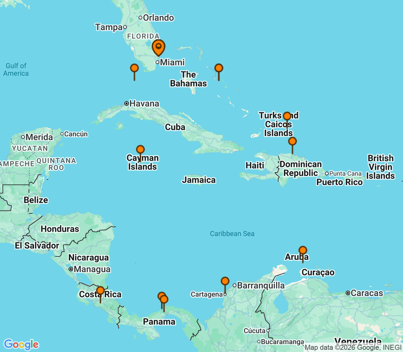 Harta itinerariu Croaziera 2026 - Caraibe si America Centrala (Fort Lauderdale, Florida) - Holland America Line - Nieuw Amsterdam - 19 nopti