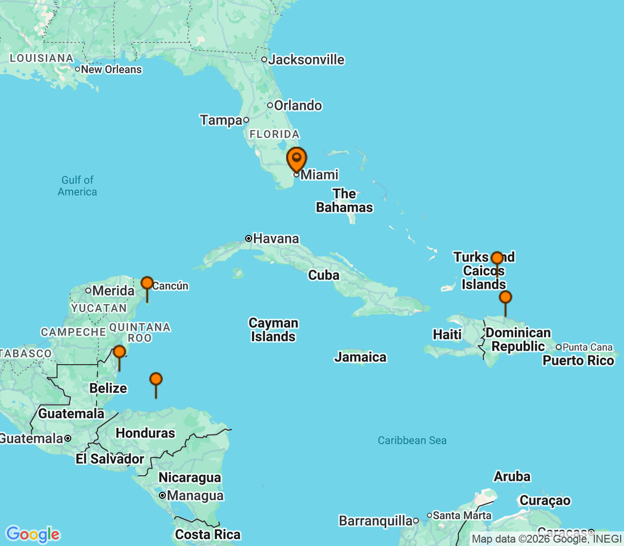 Harta itinerariu Croaziera 2027 - Caraibe si America Centrala (Miami, FL) - Princess Cruises - Regal Princess - 13 nopti