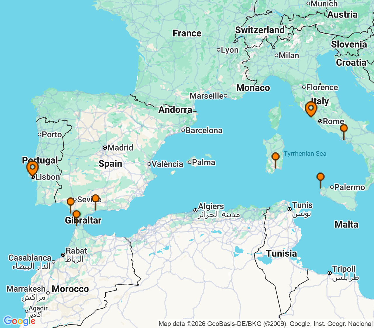 Harta itinerariu Croaziera 2027 - Mediterana (Lisabona, Portugalia) - Explora Journeys - Explora II - 10 nopti