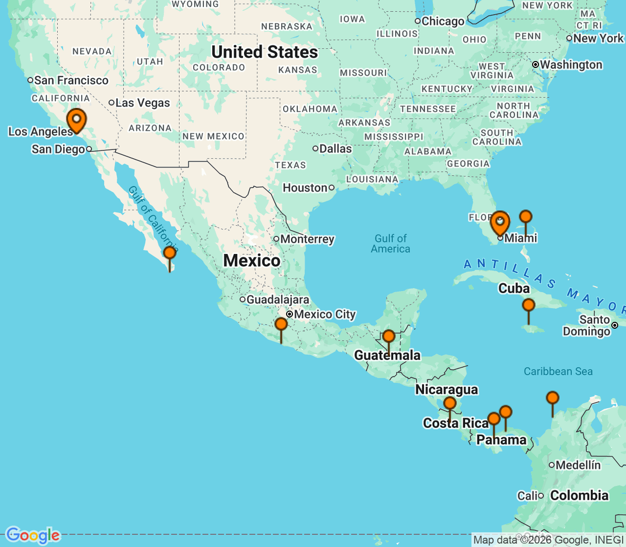 Harta itinerariu Croaziera 2027 - Caraibe si America Centrala (Los Angeles, CA) - Norwegian Cruise Line - Norwegian Bliss - 17 nopti