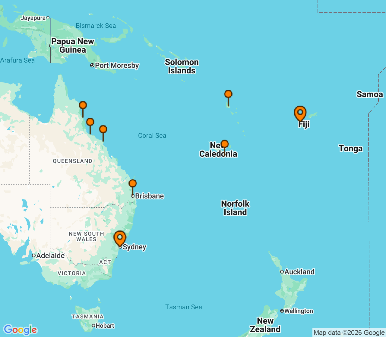 Harta itinerariu Croaziera 2027 - America de Sud (Lautoka, Fiji) - Oceania Cruises - Vista - 14 nopti