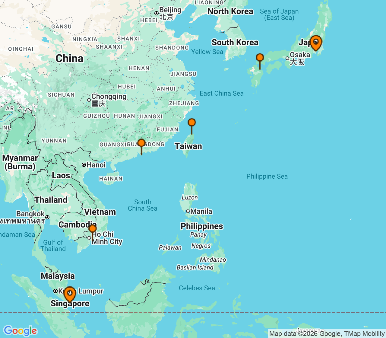 Harta itinerariu Croaziera 2028 - Asia (Orientul Indepartat) (Singapore) - Silversea Cruises - Silver Moon - 14 nopti