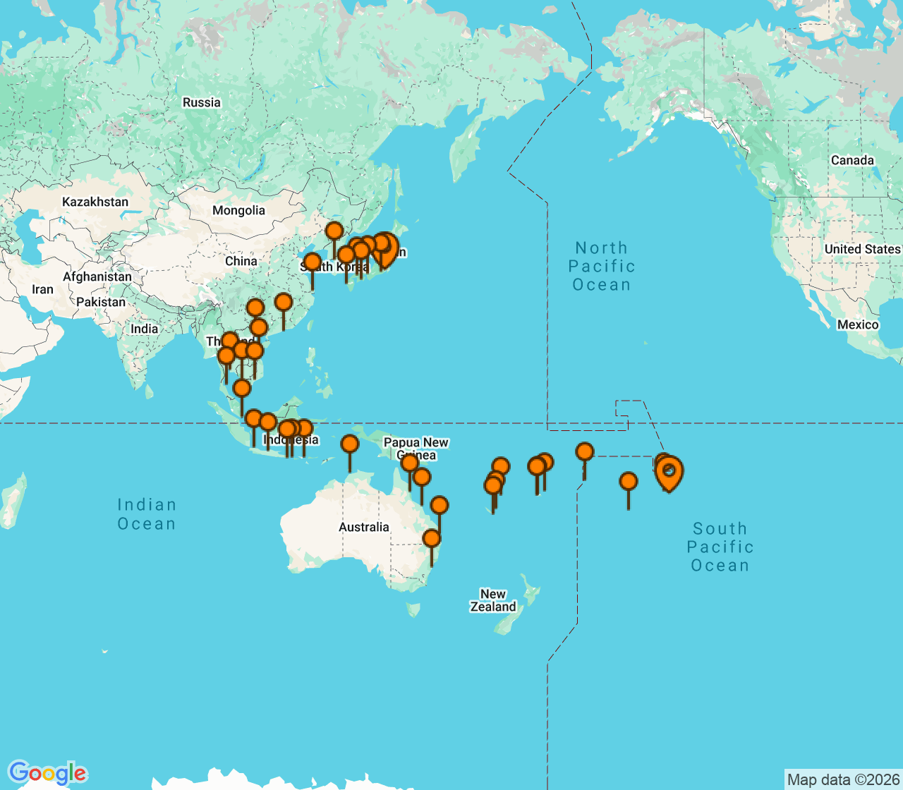 Harta itinerariu Croaziera 2027 - Grand Voyage si Tematice (Papeete, Tahiti, Polinezia Franceza) - Oceania Cruises - Vista - 62 nopti