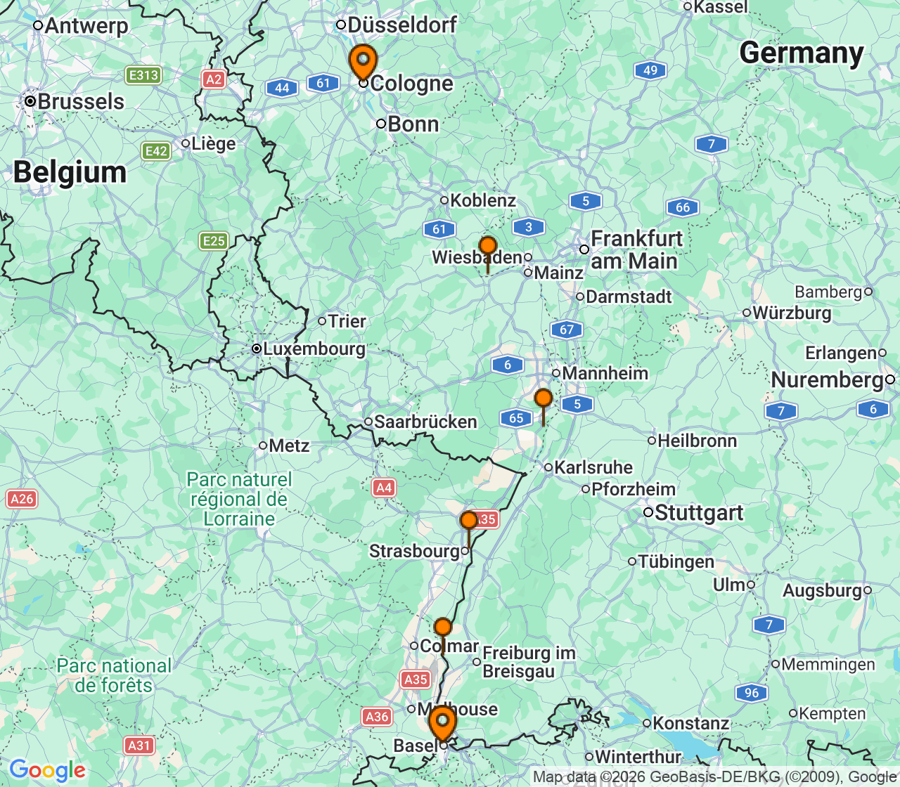 Harta itinerariu Croaziera 2027 - Europa de Nord (Cologne,Germania) - Uniworld River Cruises - S.S. Antoinette - 7 nopti
