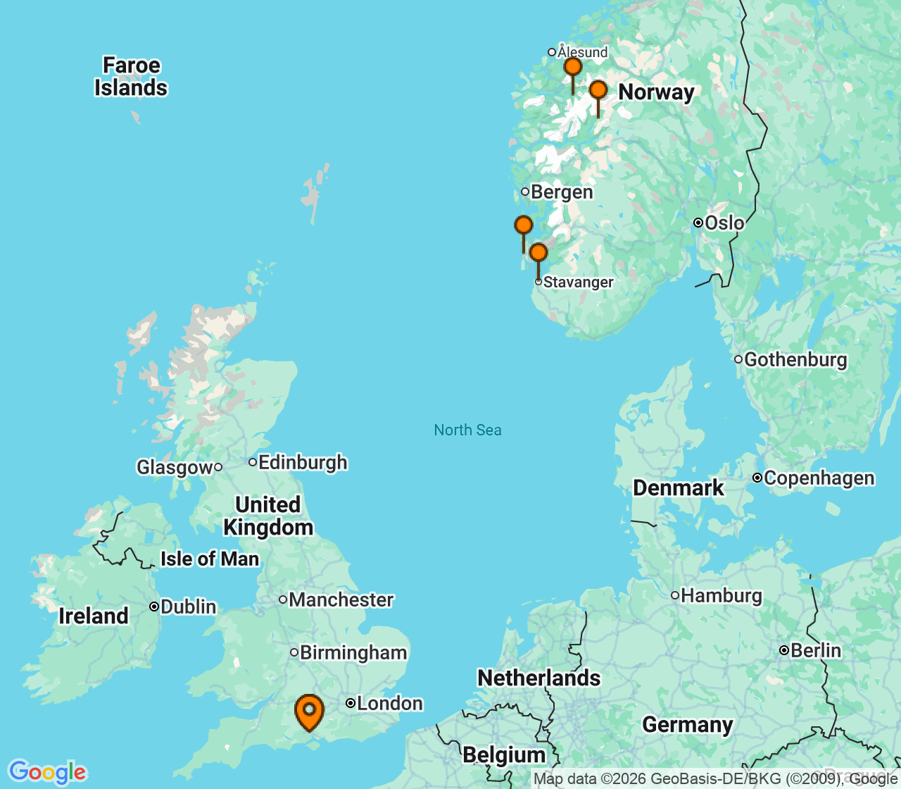 Harta itinerariu Croaziera 2027 - Europa de Nord (Southampton, Anglia) - MSC Cruises - MSC Meraviglia - 7 nopti