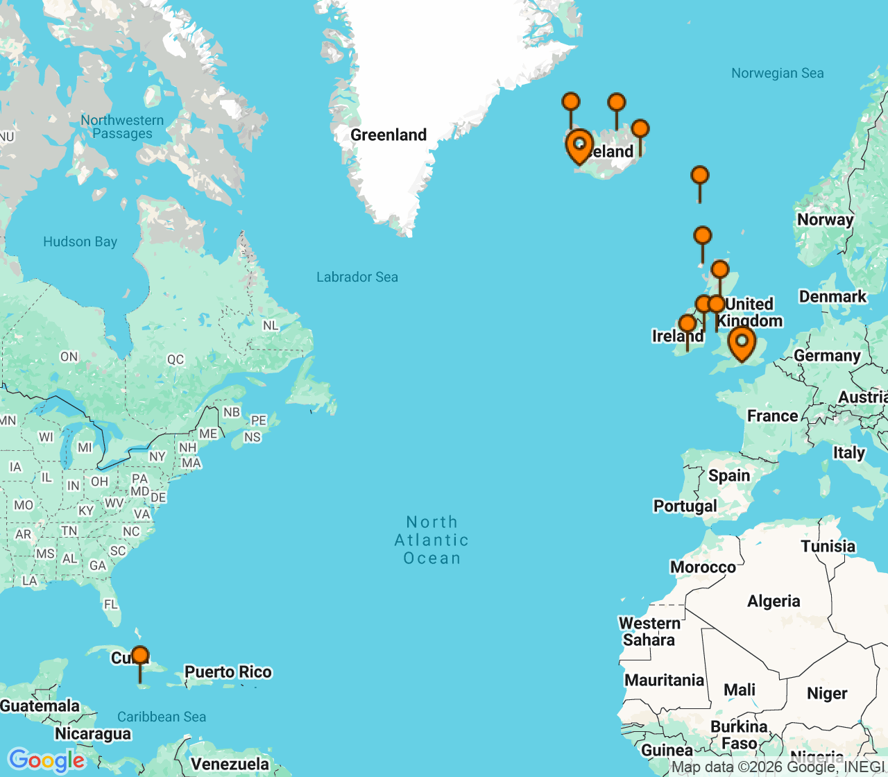 Harta itinerariu Croaziera 2026 - Europa de Nord (Reykjavik, Islanda) - Oceania Cruises - Marina - 12 nopti
