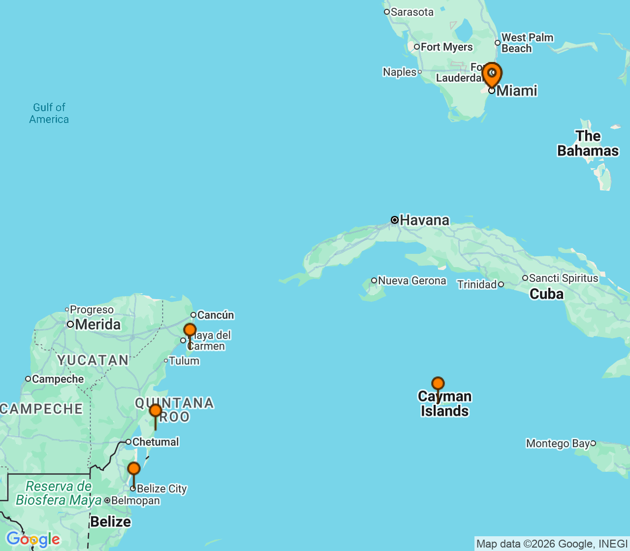 Harta itinerariu Croaziera 2028 - Caraibe si America Centrala (Miami, FL) - Royal Caribbean Cruise Line - Independence of the Seas - 7 nopti
