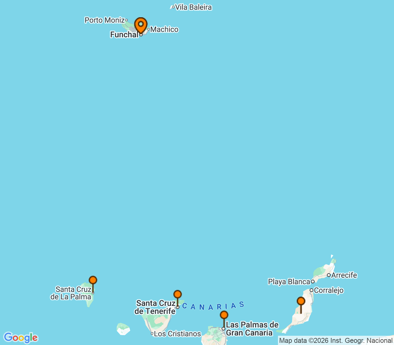 Harta itinerariu Croaziera 2027 - Mediterana (Funchal, Madeira, Portugalia) - MSC Cruises - MSC Euribia - 8 nopti