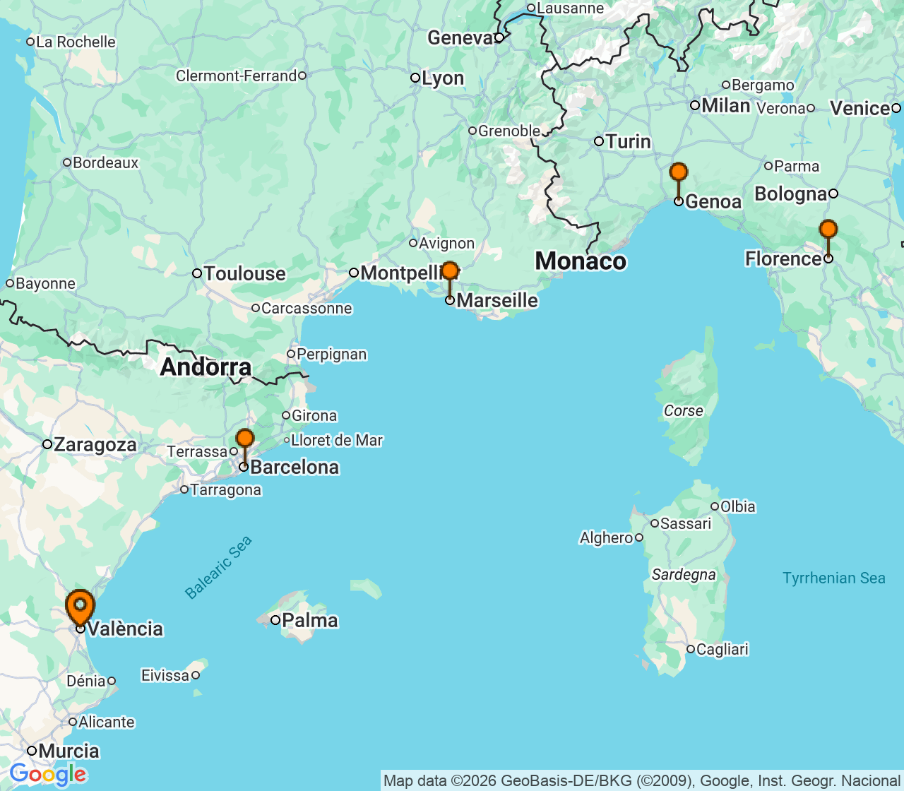 Harta itinerariu Croaziera 2026 - Mediterana (Valencia, Spania) - MSC Cruises - MSC Sinfonia - 6 nopti