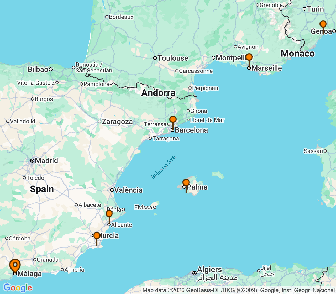 Harta itinerariu Croaziera 2027 - Mediterana (Malaga, Spania) - Costa Cruises - Costa Diadema - 7 nopti