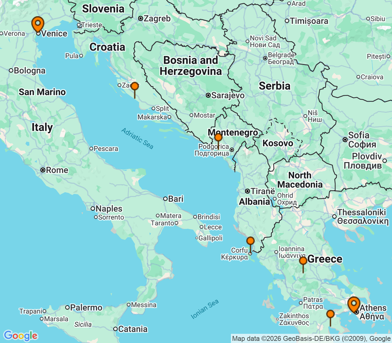 Harta itinerariu Croaziera 2026 - Mediterana (Venetia, Italia) - Seabourn - Seabourn Quest - 7 nopti