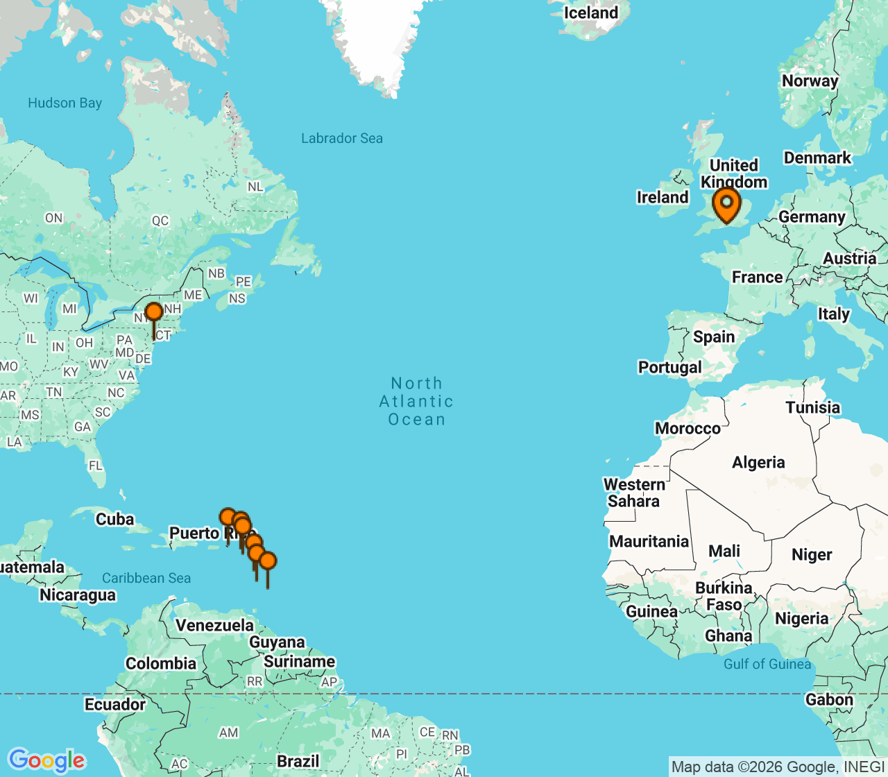 Harta itinerariu Croaziera 2026 - Caraibe si America Centrala (Southampton, Anglia) - Cunard Line - Queen Mary 2 - 30 nopti