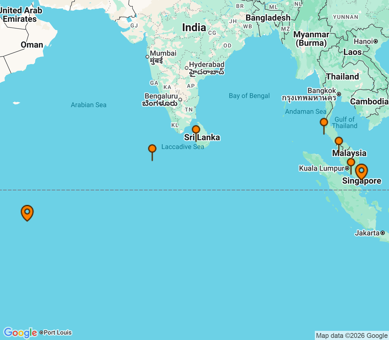 Harta itinerariu Croaziera 2029 - Grand Voyage si Tematice (Singapore) - Seabourn - Seabourn Quest - 13 nopti