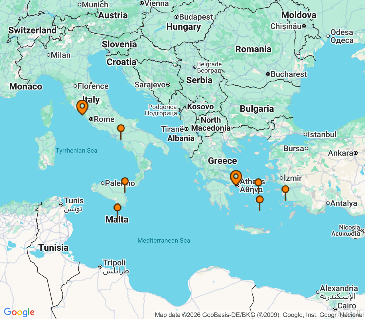 Harta itinerariu Croaziera 2028 - Mediterana (Atena (Piraeus), Grecia) - Virgin Voyages - Scarlet Lady - 10 nopti