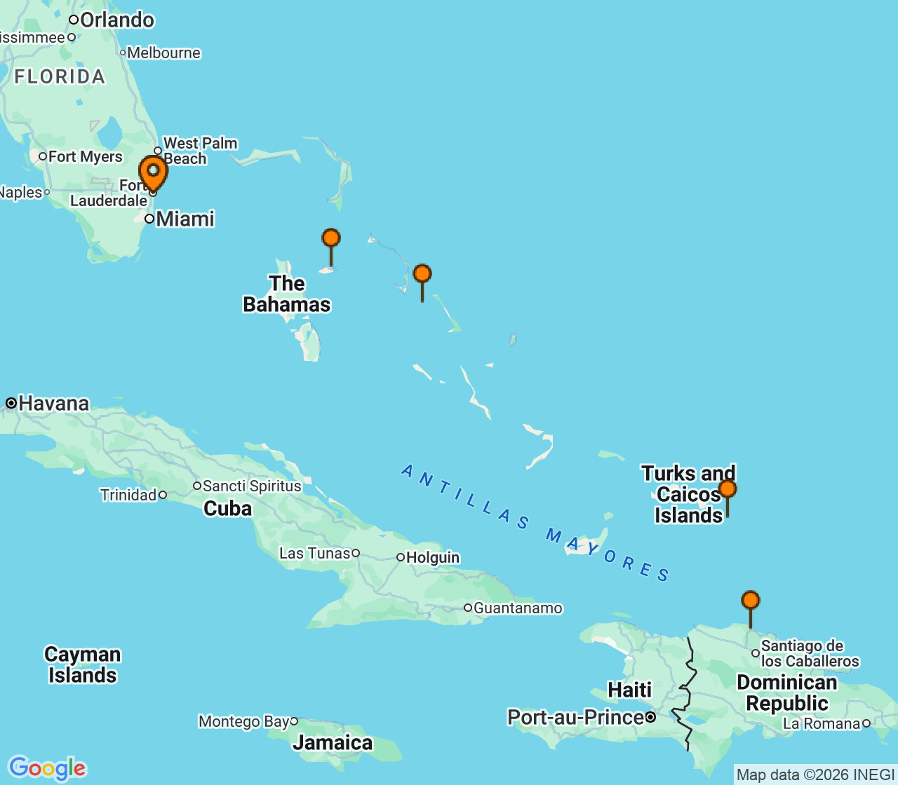 Harta itinerariu Croaziera 2027 - Caraibe si America Centrala (Fort Lauderdale, Florida) - Holland America Line - Zuiderdam - 7 nopti