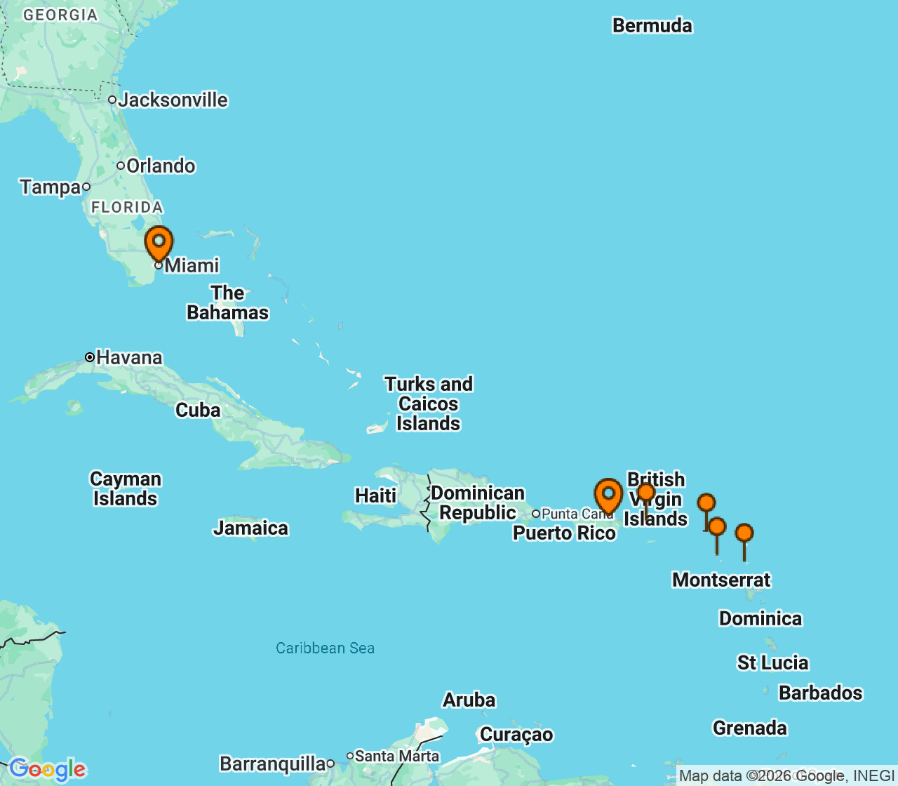 Harta itinerariu Croaziera 2027 - Caraibe si America Centrala (Miami, FL) - Oceania Cruises - Allura - 7 nopti