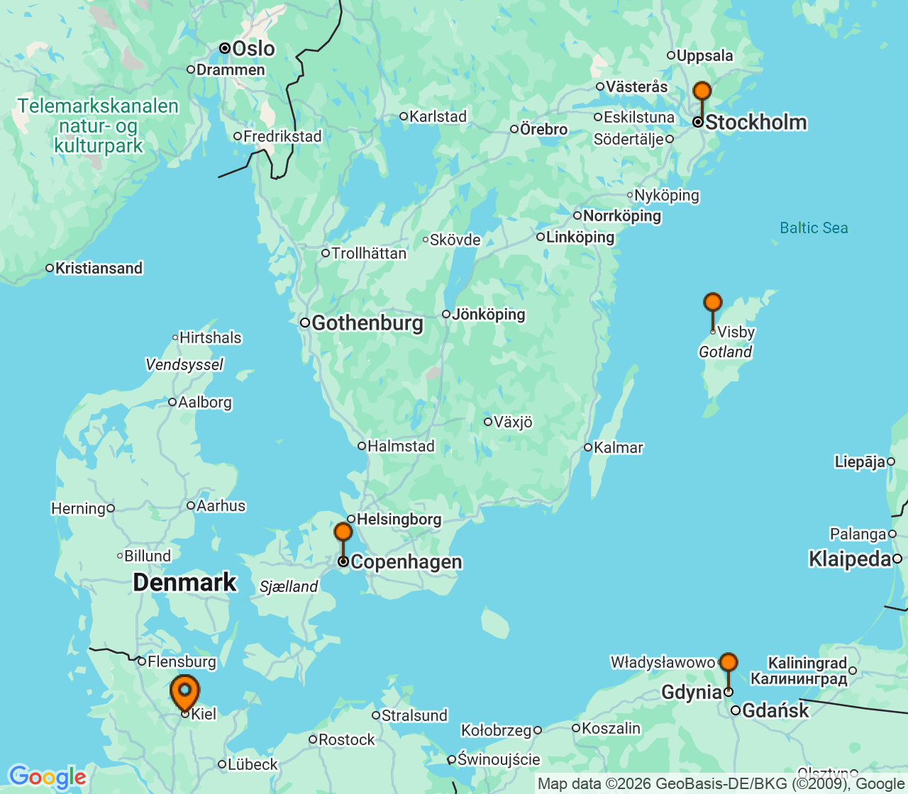 Harta itinerariu Croaziera 2027 - Europa de Nord (Kiel, Germania) - Costa Cruises - Costa Diadema - 7 nopti