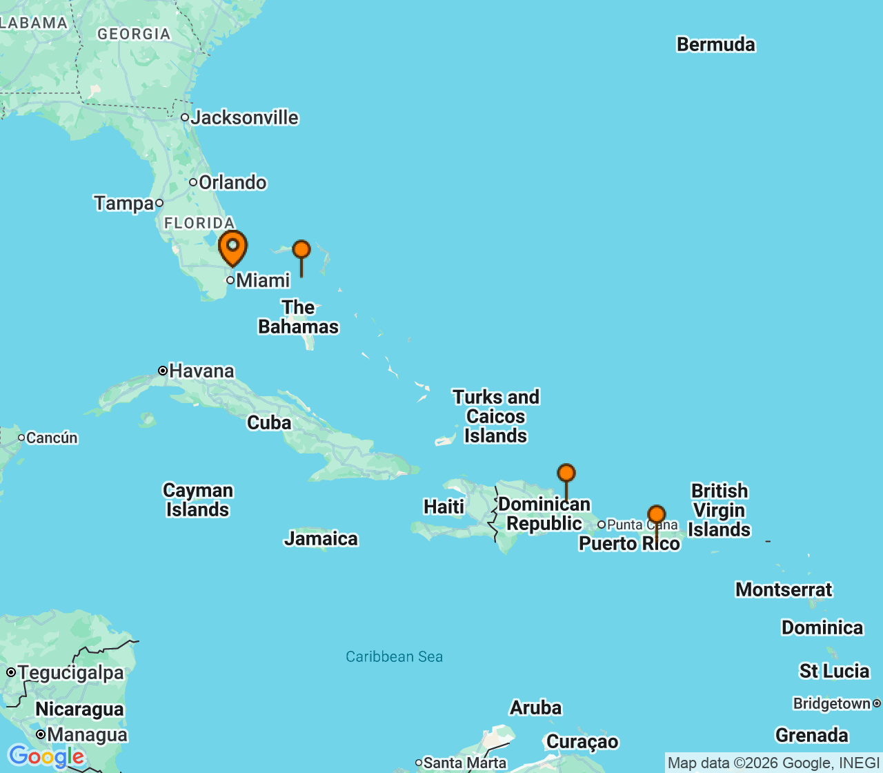 Harta itinerariu Croaziera 2027 - Caraibe si America Centrala (Fort Lauderdale, Florida) - Royal Caribbean Cruise Line - Legend of the Seas - 6 nopti