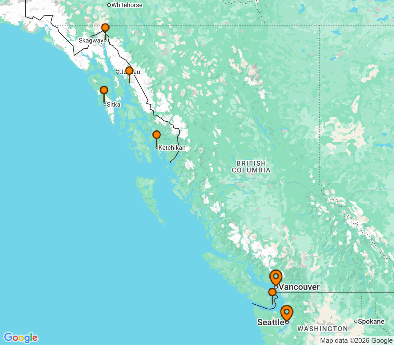 Harta itinerariu Croaziera 2027 - Alaska (Seattle, WA) - Virgin Voyages - Brilliant Lady - 8 nopti