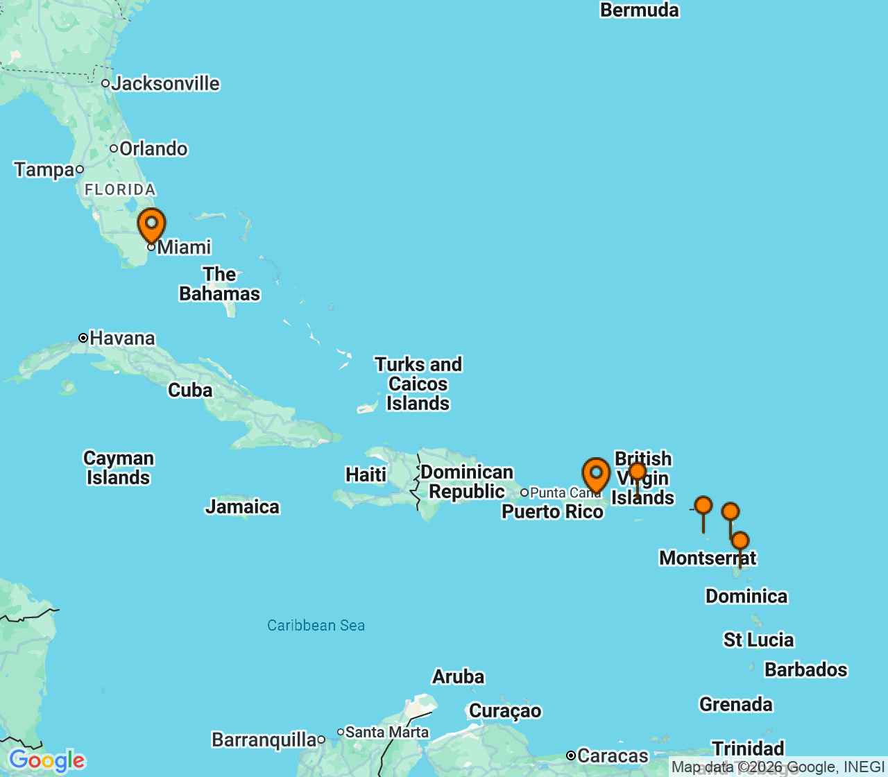Harta itinerariu Croaziera 2027 - Caraibe si America Centrala (Miami, FL) - Explora Journeys - Explora II - 7 nopti