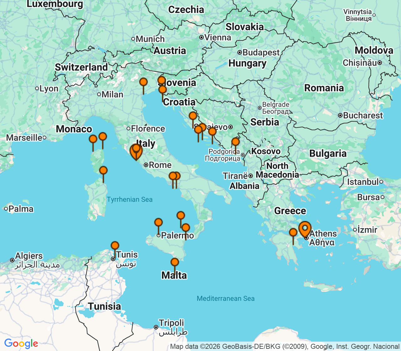 Harta itinerariu Croaziera 2027 - Mediterana (Atena (Piraeus), Grecia) - Seabourn - Seabourn Ovation - 24 nopti
