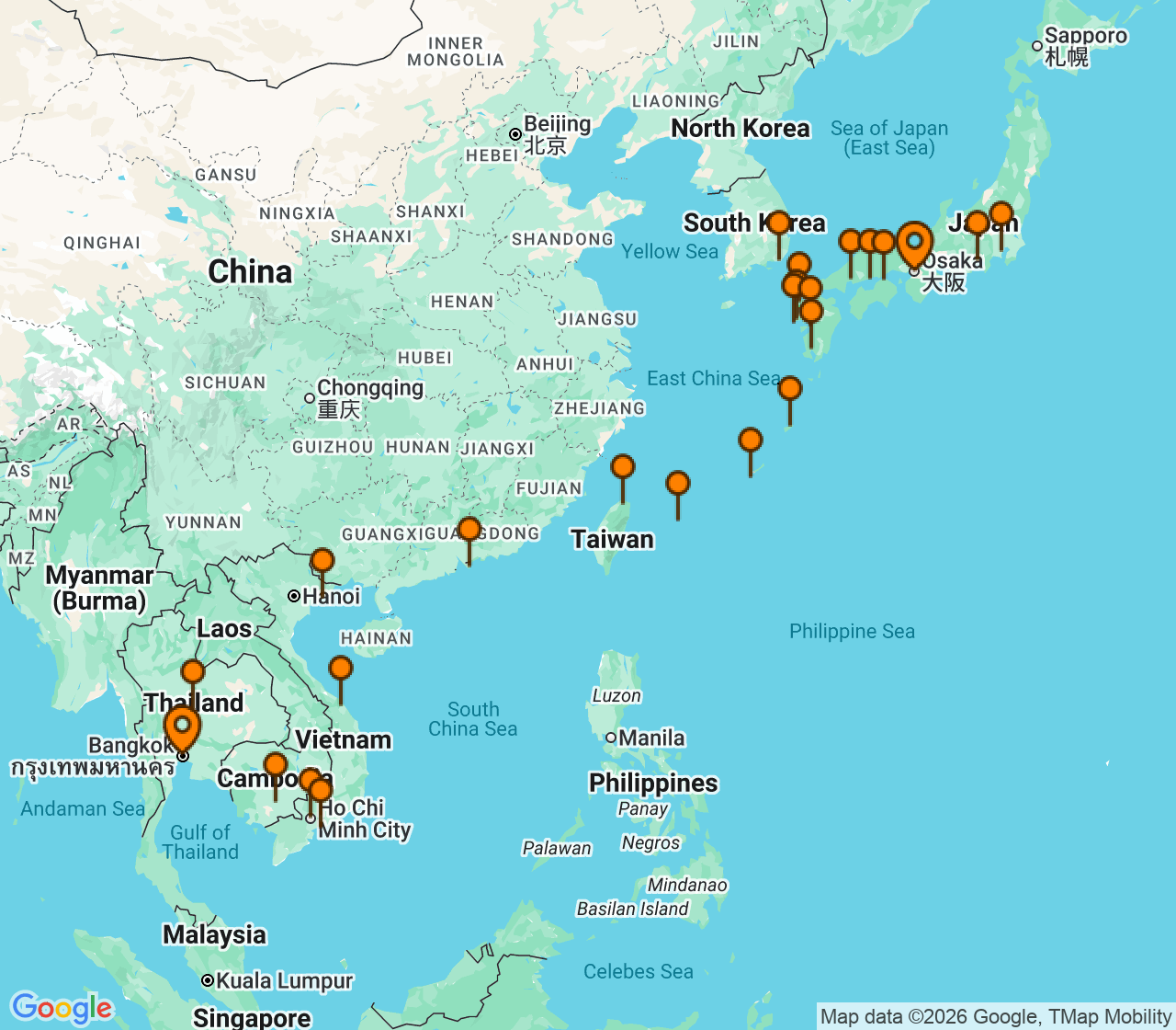 Harta itinerariu Croaziera 2029 - Asia (Orientul Indepartat) (Bangkok, Thailanda) - Windstar Cruises - Star Seeker - 31 nopti