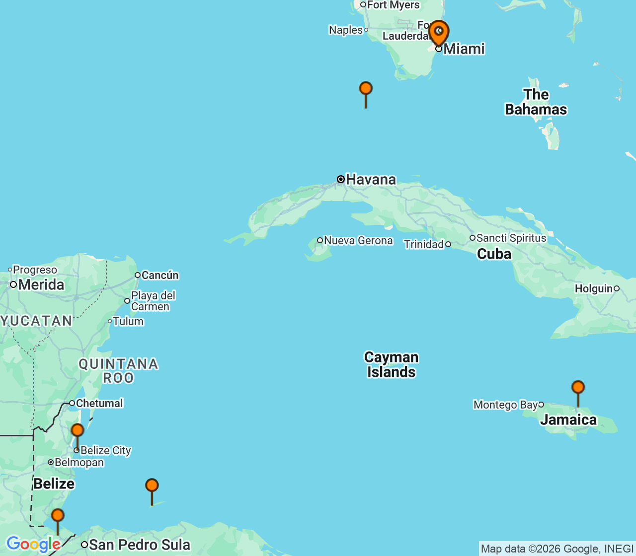 Harta itinerariu Croaziera 2027 - Caraibe si America Centrala (Miami, FL) - Explora Journeys - Explora I - 9 nopti