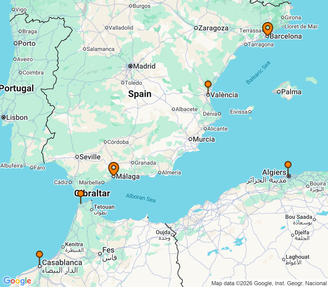Harta itinerariu Croaziera 2028 - Mediterana (Barcelona, Spania) - Explora Journeys - Explora V - 7 nopti