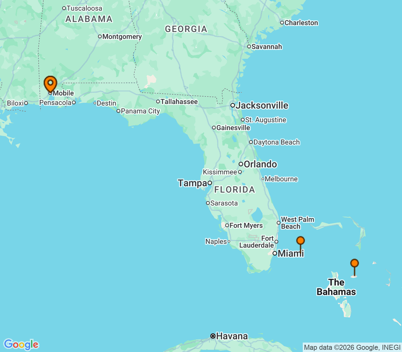Harta itinerariu Croaziera 2026 - Caraibe si America Centrala (Mobile, AL) - Carnival Cruise Line - Carnival Spirit - 6 nopti