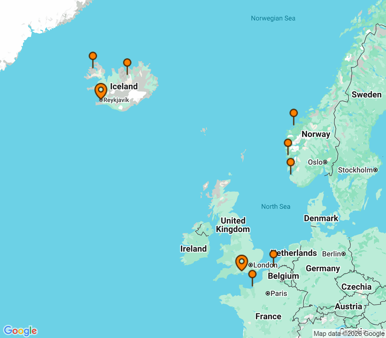 Harta itinerariu Croaziera 2028 - Europa de Nord (Southampton, Anglia) - Norwegian Cruise Line - Norwegian Getaway - 11 nopti